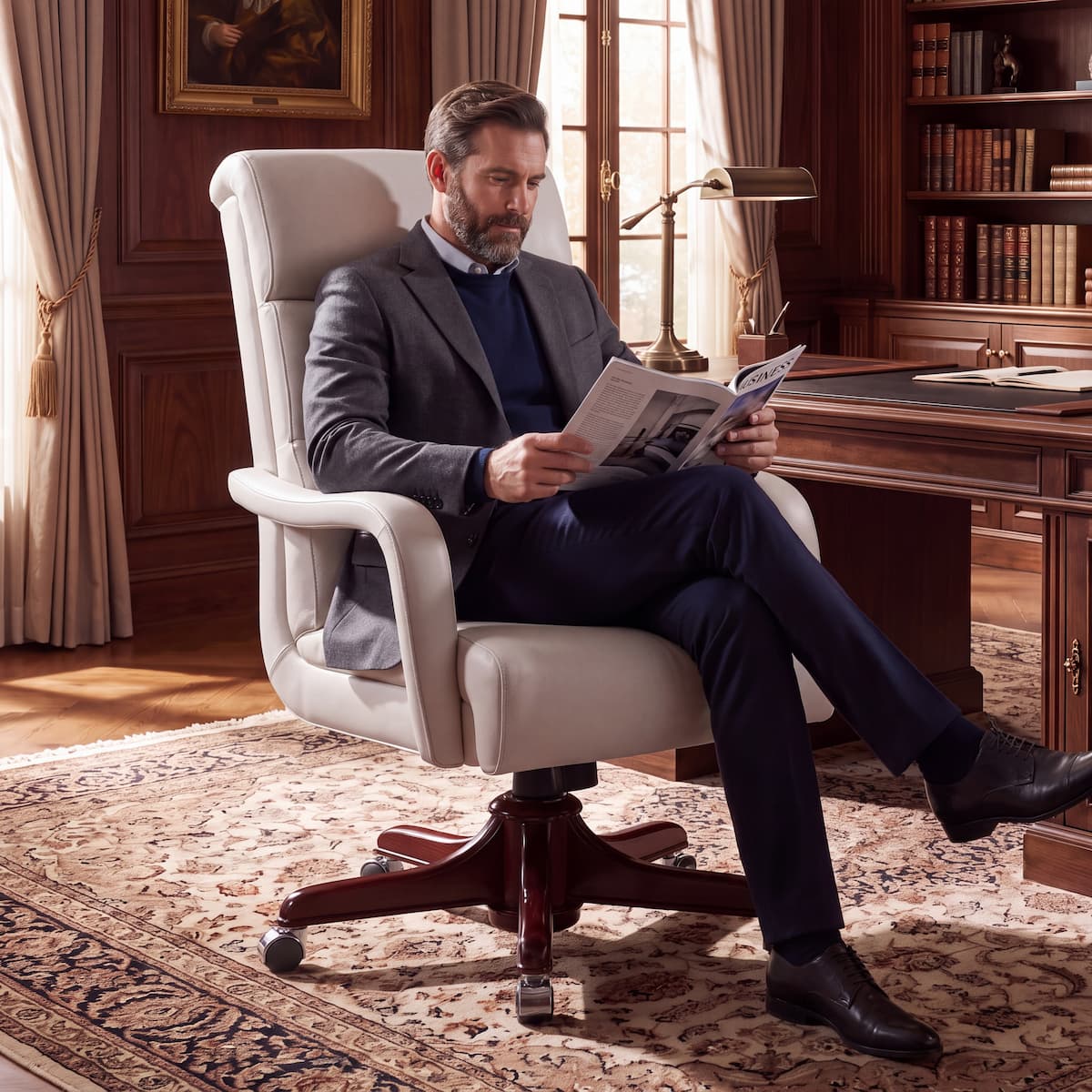 Poltrona executive in pelle bianca con schienale alto imbottito, braccioli sagomati e base girevole in legno