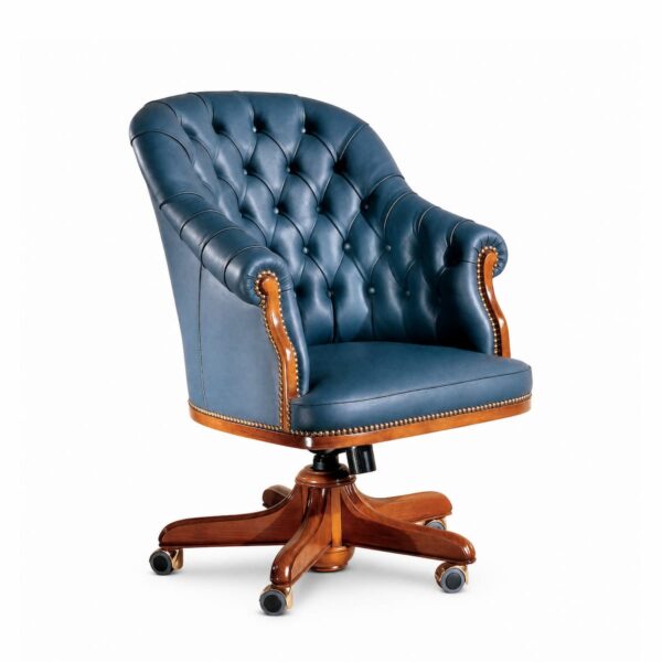 Luxury blue leather executive office chair with capitonné tufting, decorative studs, wooden details and wooden swivel base