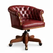 Luxury Chesterfield executive office chair upholstered in burgundy full grain leather with deep button tufting, solid wood swivel base and casters, handcrafted in Italy.