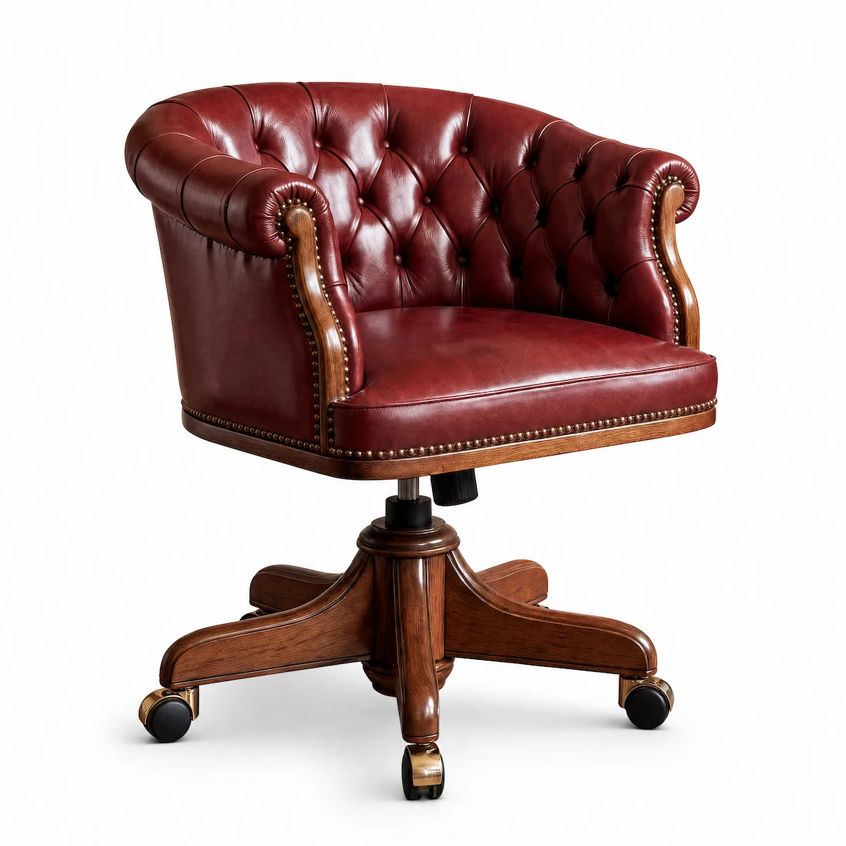 Luxury Chesterfield executive office chair upholstered in burgundy full grain leather with deep button tufting, solid wood swivel base and casters, handcrafted in Italy.