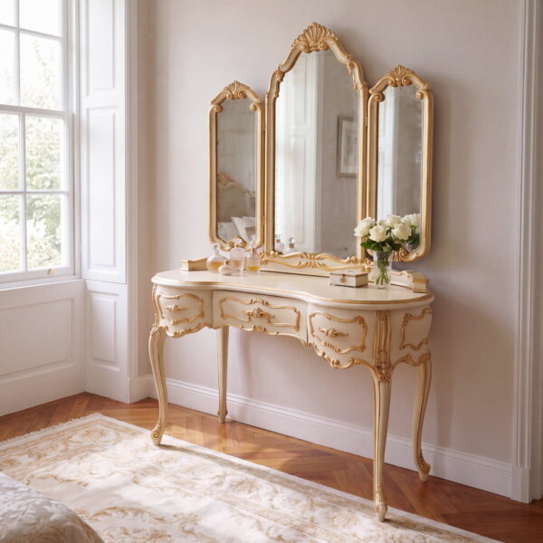 Luxury classic dressing table in ivory finish with gold details and ornate triple mirror
