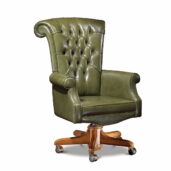 Classic green leather executive office chair with high tufted back, padded arms, wooden swivel base and casters