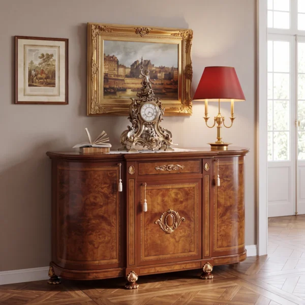 Elegant luxury 3-door credenza in inlaid walnut burl with curved doors, central drawer, gold-leaf carvings, tassels and shell feet in a classic living room