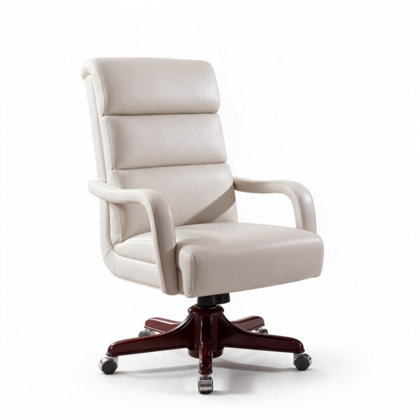 Luxury white leather executive office chair with high padded backrest, sculpted armrests and wooden swivel base