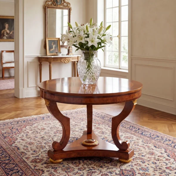 Round Empire-style table in fine wood with gold details and elegantly curved legs