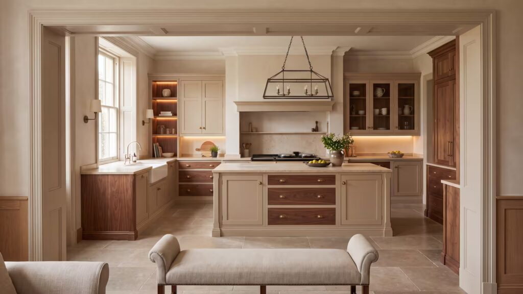 Cucine su Misura di Lusso, Artigianali dal 1960 Cucina su misura laccata tortora con frontali in noce, lavello a grembiule, maniglie a conchiglia in ottone e pavimento in pietra