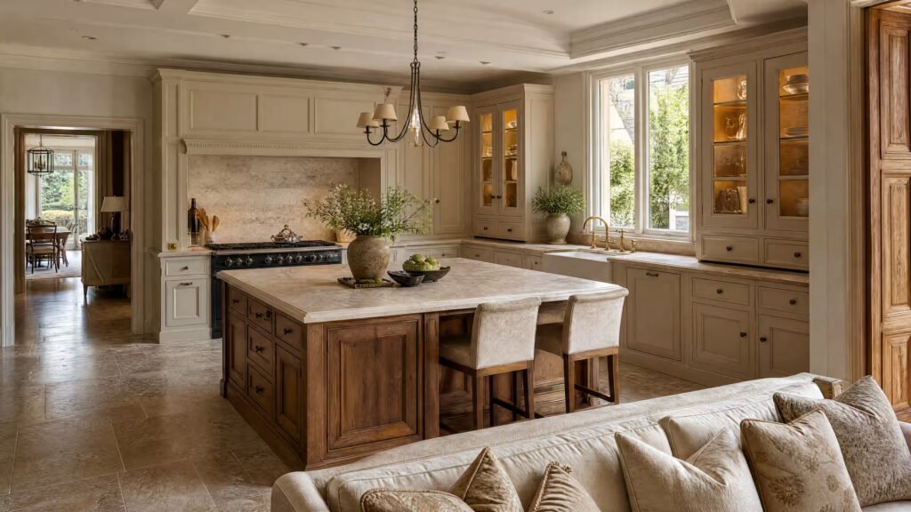 Cucine su Misura di Lusso, Artigianali dal 1960 Cucina su misura con mobili laccati crema, isola in rovere con piano in pietra e blocco cottura blu, aperta sulla sala da pranzo