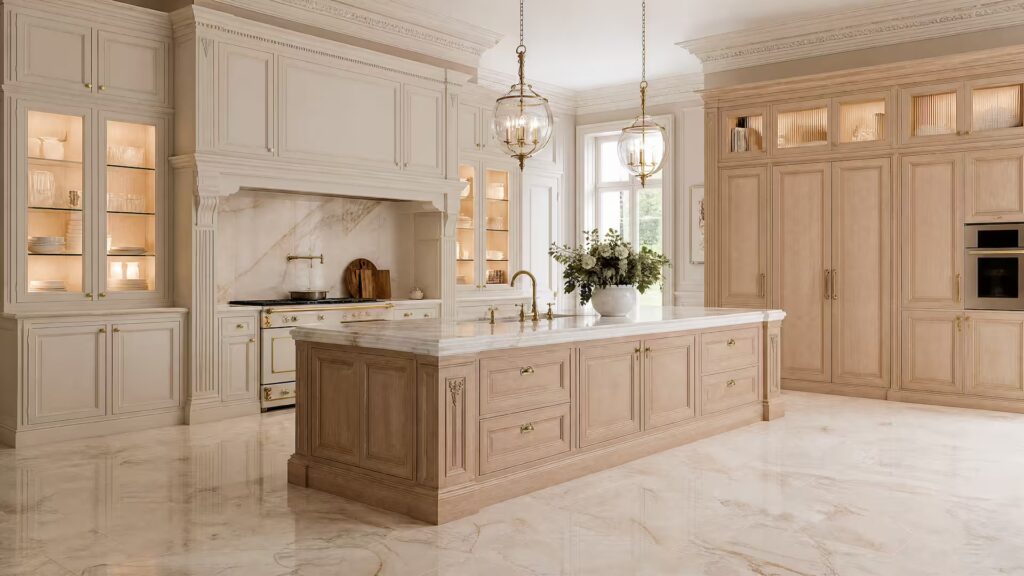 Cucine su Misura di Lusso, Artigianali dal 1960 Cucina su misura chiara con isola in rovere sbiancato, piano e paraschizzi in marmo bianco, lampade in ottone e blocco cottura bianco e oro