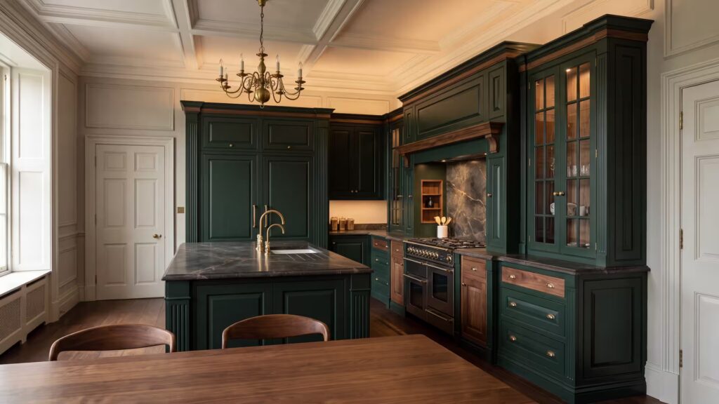 Cucine su Misura di Lusso, Artigianali dal 1960 Cucina artigianale laccata verde scuro con dettagli in noce, isola con piano in marmo scuro, soffitto a cassettoni e pavimento in legno