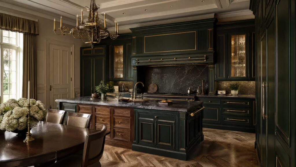 Cucine su Misura di Lusso, Artigianali dal 1960 Cucina su misura verde con profili dorati, paraschizzi e piani in marmo scuro, cassetti in noce sull'isola e parquet a spina di pesce
