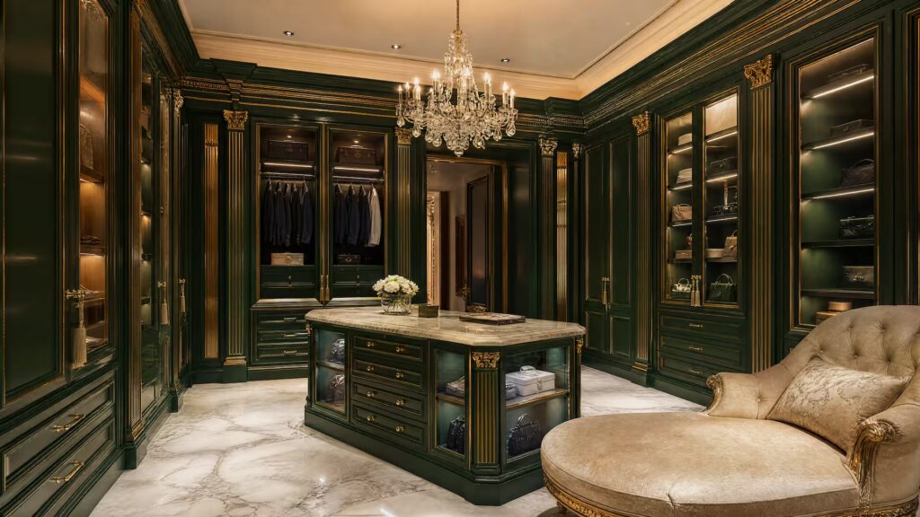 Bespoke Walk-in Closets, Handcrafted in Italy Bespoke walk-in closet in deep green lacquer with gilded capitals, LED display cabinets and a marble island with vitrine base