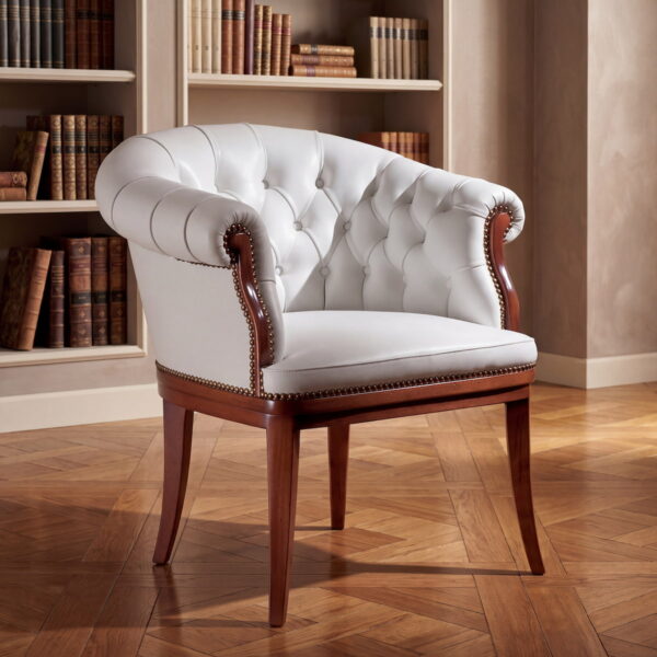 Handcrafted white tufted leather executive armchair with cherry wood legs, Made in Italy by Marzorati