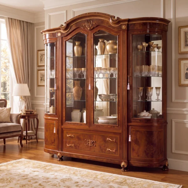 Elegante cristalliera di lusso in radica di noce intarsiata con ante laterali curvate, sezioni vetrate centrali e laterali, cassetti inferiori, intagli in foglia d’oro e nappe in sala da pranzo classica prestigiosa