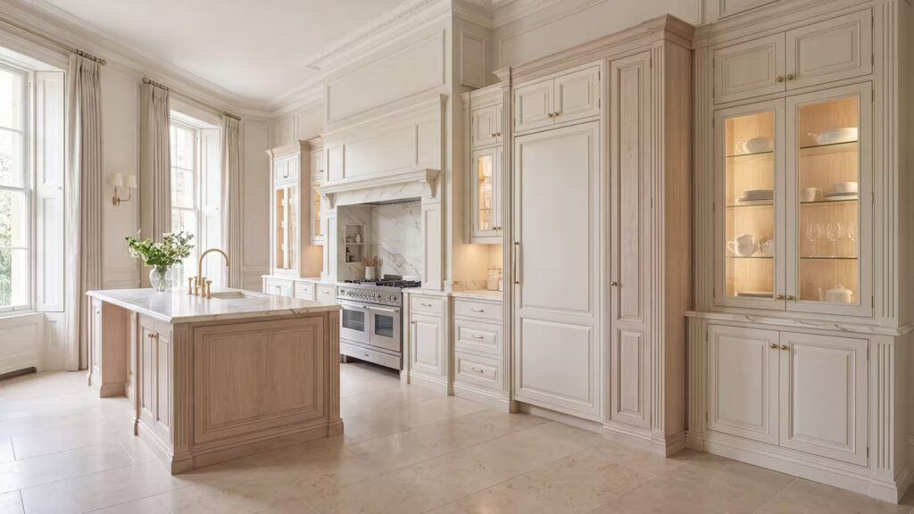 Cucine su Misura di Lusso, Artigianali dal 1960 Cucina su misura avorio con vetrine illuminate, isola in rovere chiaro, piano in marmo e pavimento in pietra calcarea davanti alle finestre
