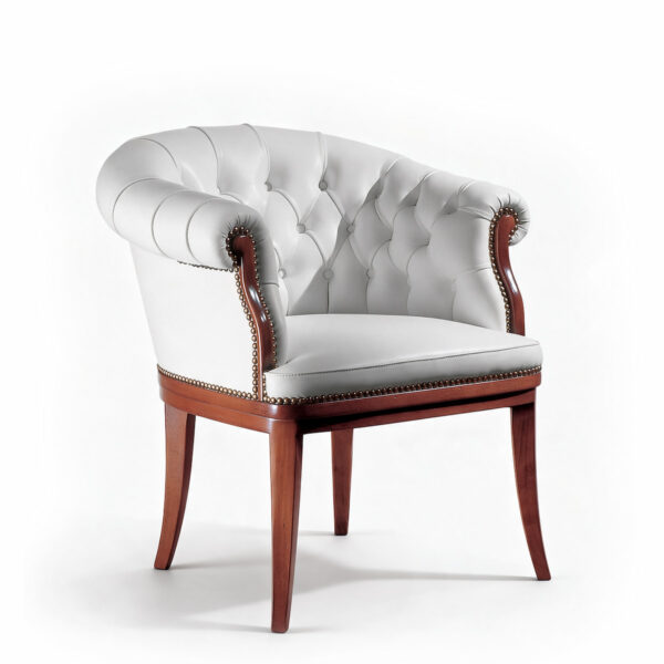 Handcrafted white tufted leather executive armchair with cherry wood legs, Made in Italy by Marzorati