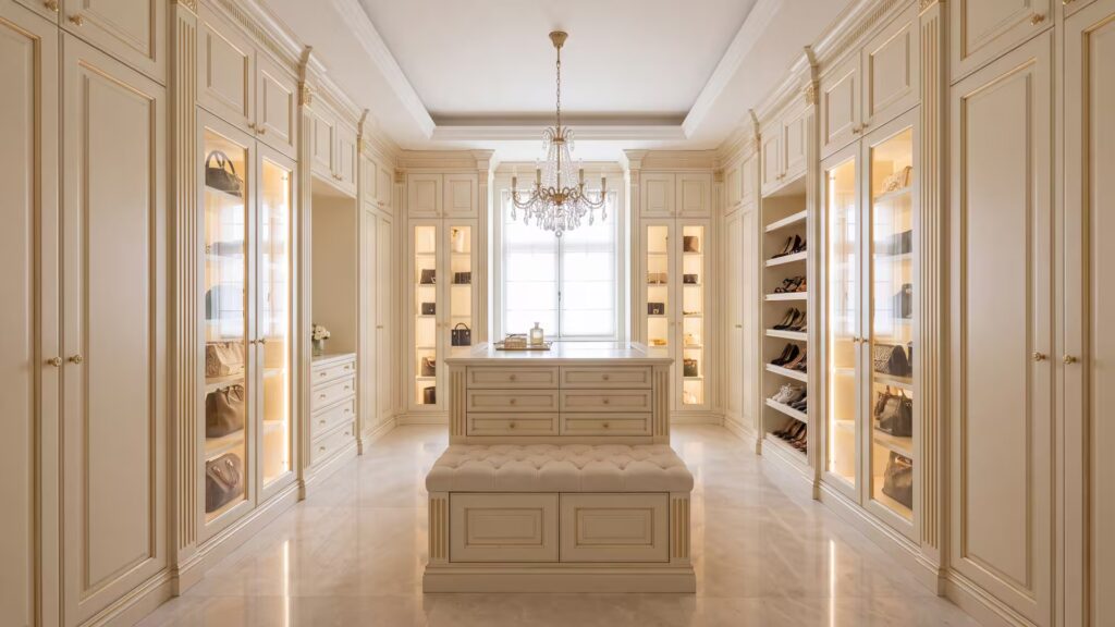 Bespoke Walk-in Closets, Handcrafted in Italy Made-to-measure walk-in closet in a narrow, light-filled room with lit glass columns, open shoe shelving and an island bench