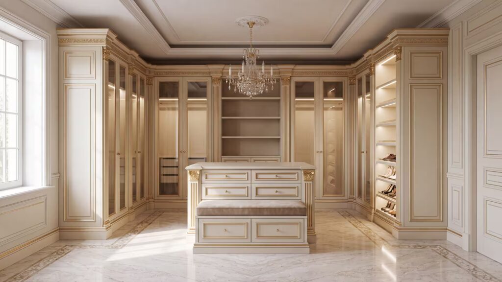 Bespoke Walk-in Closets, Handcrafted in Italy Neoclassical bespoke walk-in closet in ivory lacquer with gold profiles, island with built-in bench and lit shoe display