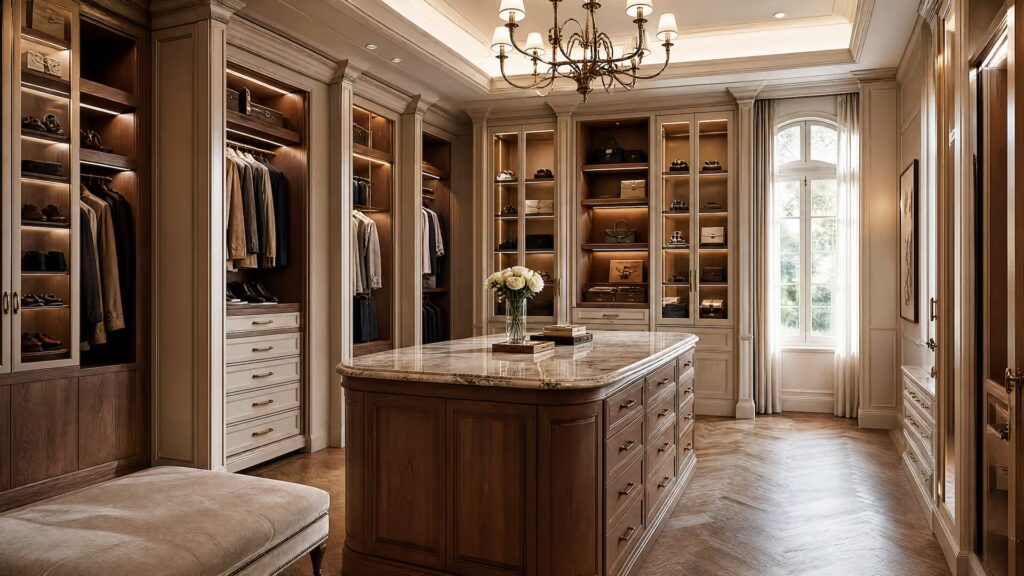 Bespoke Walk-in Closets, Handcrafted in Italy Bespoke walk-in closet combining natural oak and ivory lacquer, with a marble-top island and herringbone parquet flooring