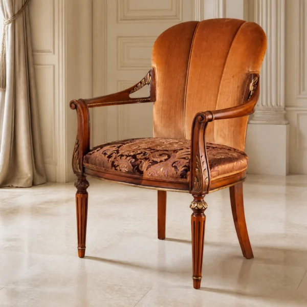 Classic armchair with a curved channelled back in terracotta velvet and a damask seat with acanthus scrollwork, solid wood arms with pierced fretwork and hand-carved gold leaf acanthus detailing, on turned and fluted front legs