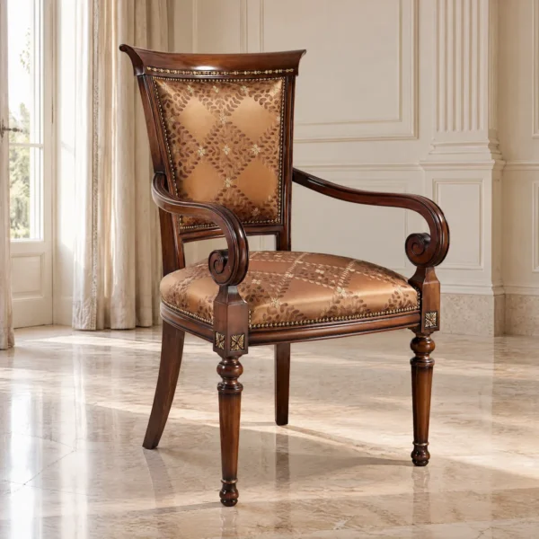 Classic head-of-table armchair in polished solid walnut with hand-carved scrolled arms, bronze silk jacquard seat and back in a diamond leaf pattern, brass nailhead trim and turned fluted front legs with gilded carved rosettes