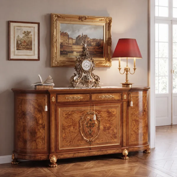 Classic Italian inlaid burl wood sideboard with ornate gilded details and refined handcrafted craftsmanship